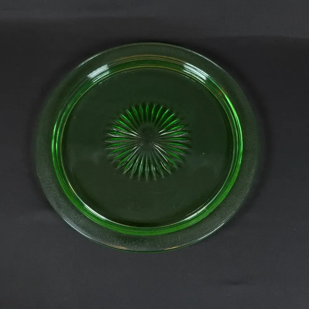 Vintage Uranium Glass Plates 13 inch Green Depression Glass UV Glow